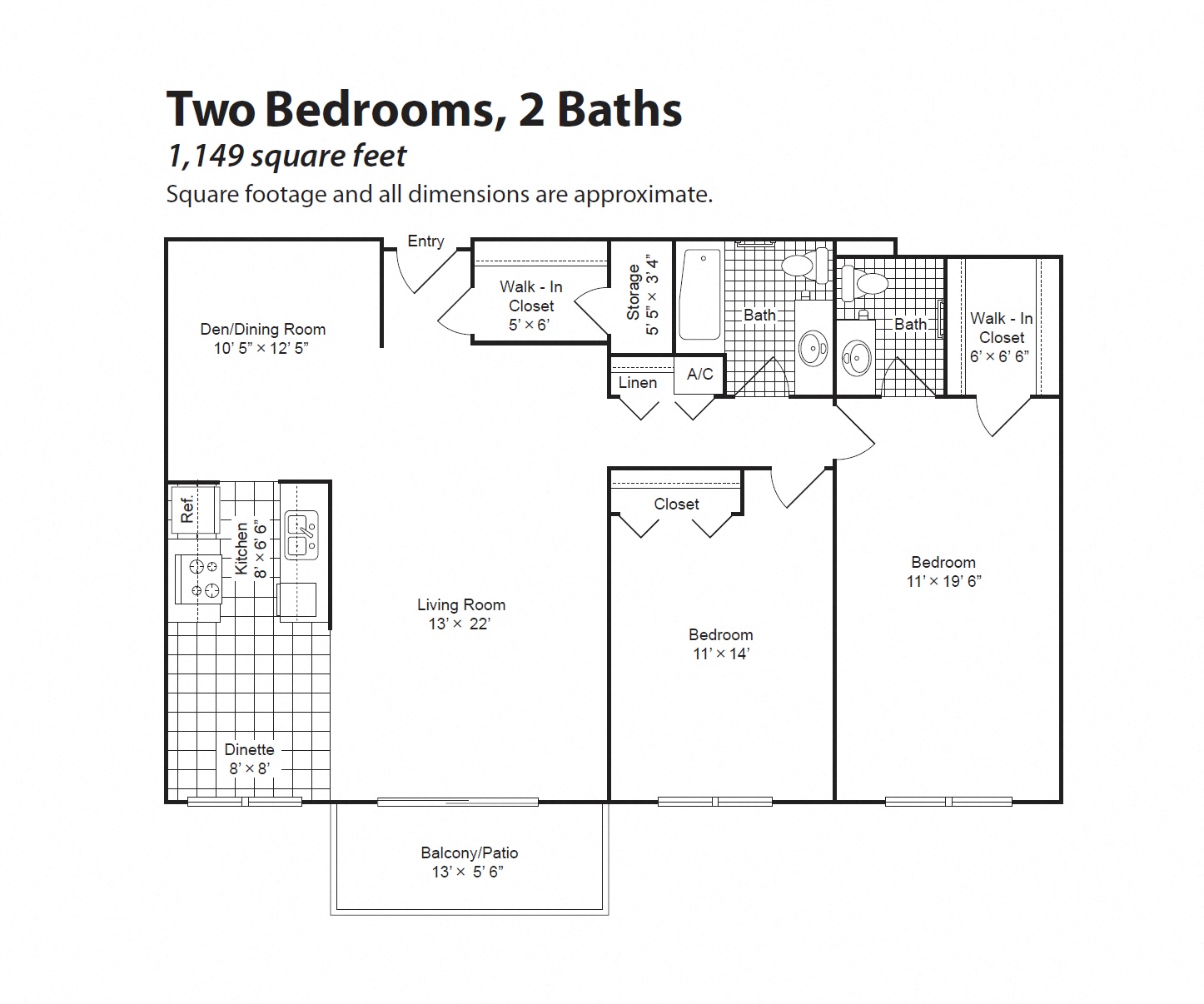 Floor plan for 2 beds, 2 baths, 1149 sqft
